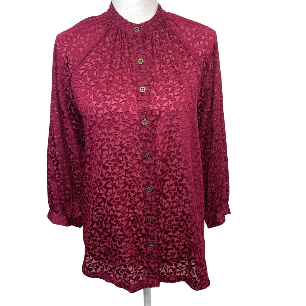 Anthropologie Blouse Woman Small Maroon Velvet Burnout Button Front 3/4 Sleeve‎